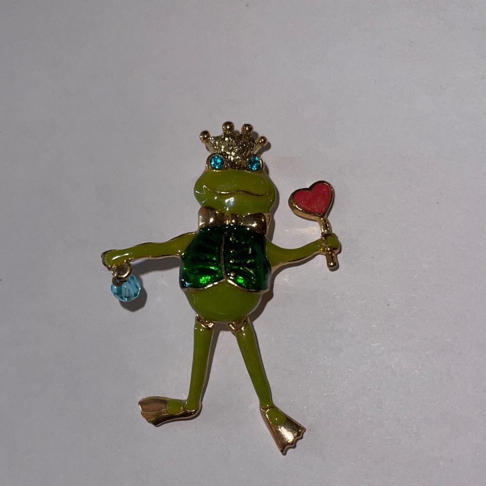 Frog Prince Brooch with Heart and Crown